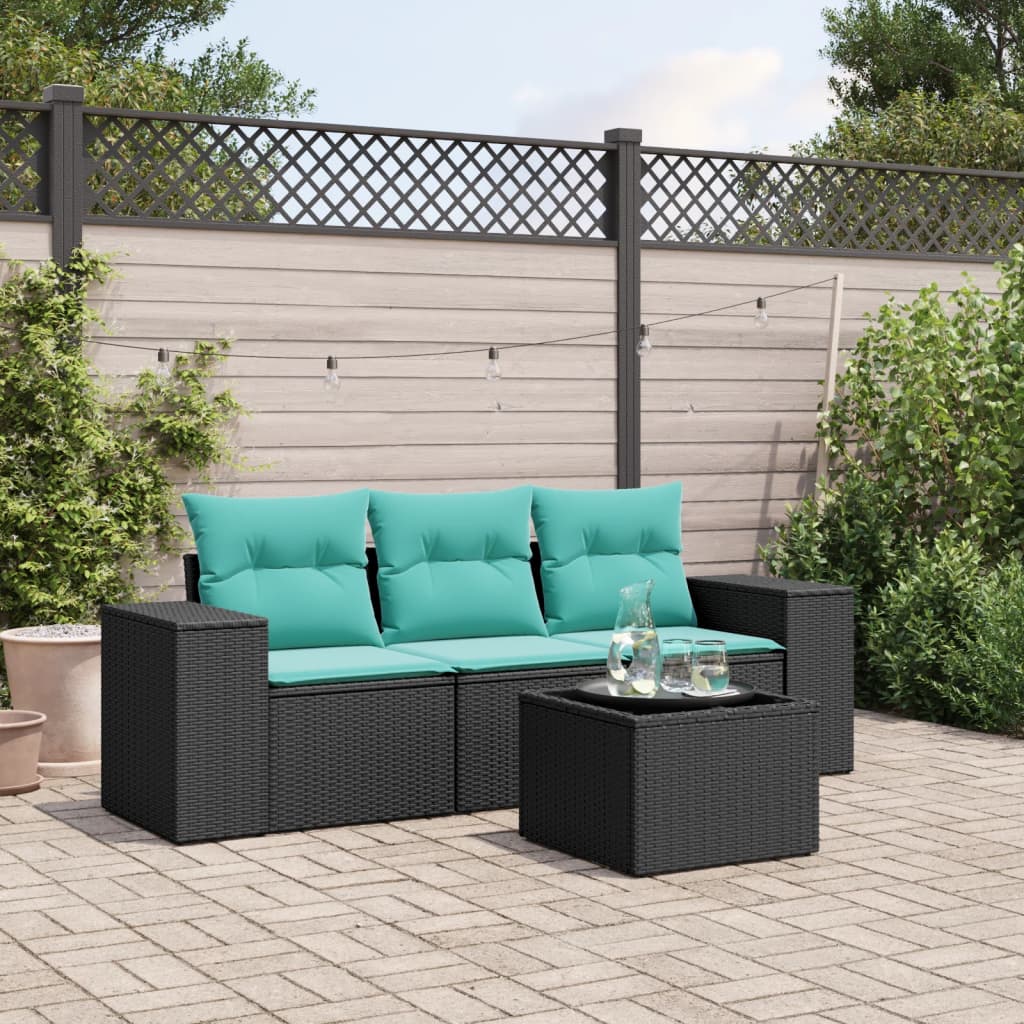 vidaXL 4-teiliges Gartensofa-Set mit Kissen, schwarzes Polyrattan