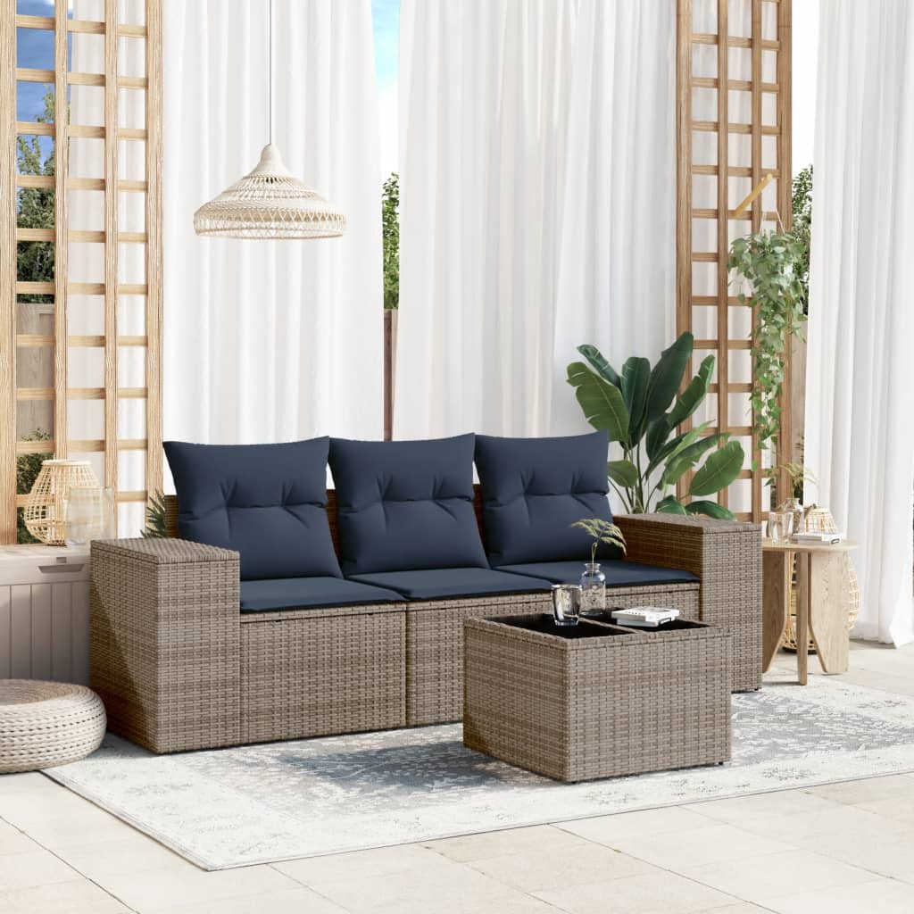 Havesofasæt i grå polyrattan med bord og marineblå hynder - 4 dele, modulært