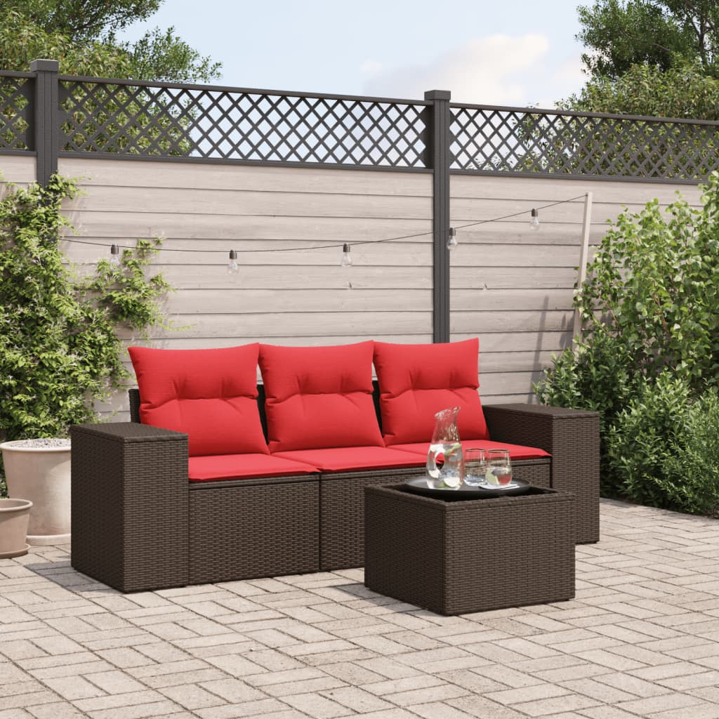 4 Piece Patio Sofa Set with Cushions Brown Poly Rattan