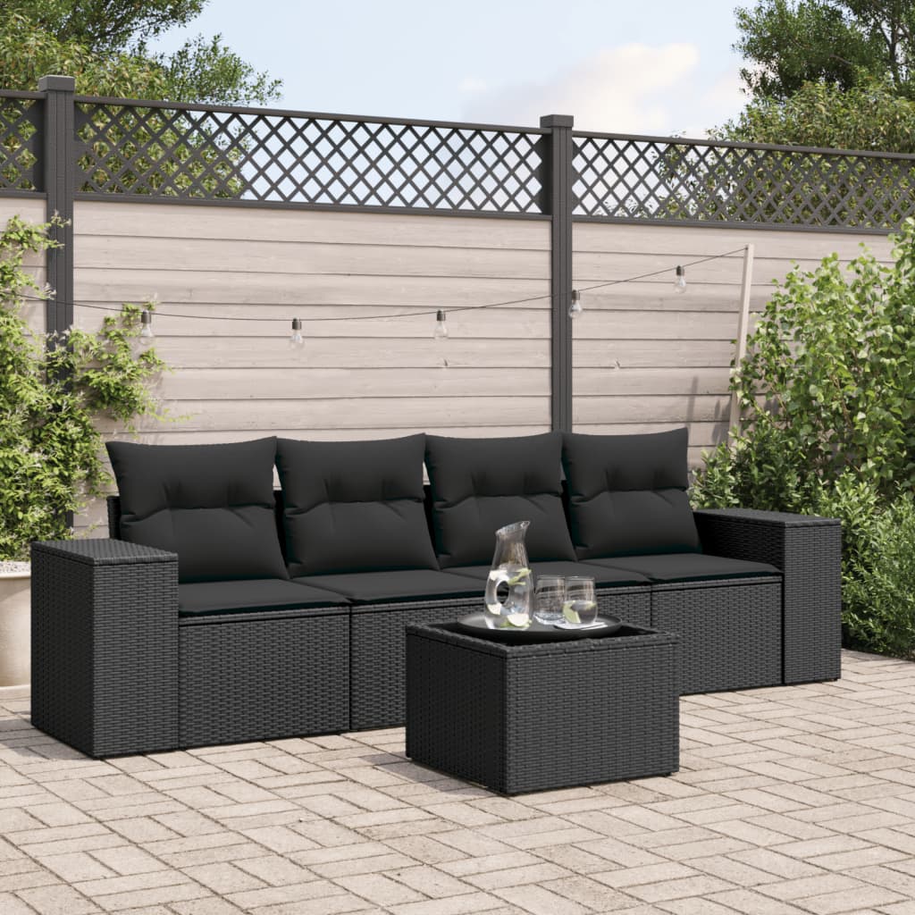 vidaXL 5-tlg. Garten-Sofagarnitur mit Kissen Schwarz Poly Rattan