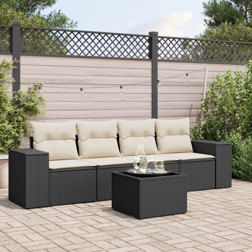 Sofasæt 5 Dele Med Hynder Polyrattan - Sort og cremefarvet / Med bord
