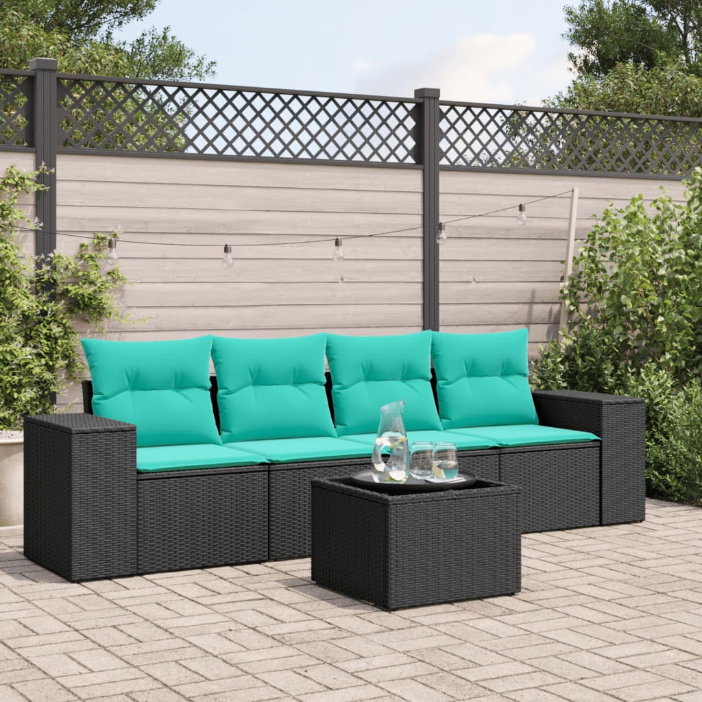 vidaXL 5-teiliges Gartensofa-Set mit Kissen, schwarzes Polyrattan