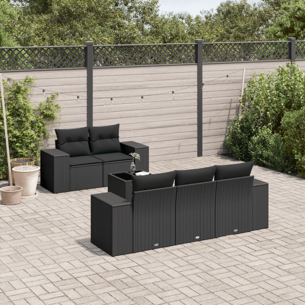 vidaXL 6-tlg. Garten-Sofagarnitur mit Kissen Schwarz Poly Rattan