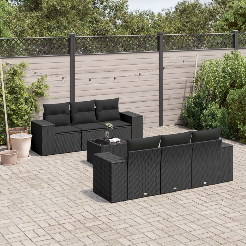 vidaXL 7-tlg. Garten-Sofagarnitur mit Kissen Schwarz Poly Rattan