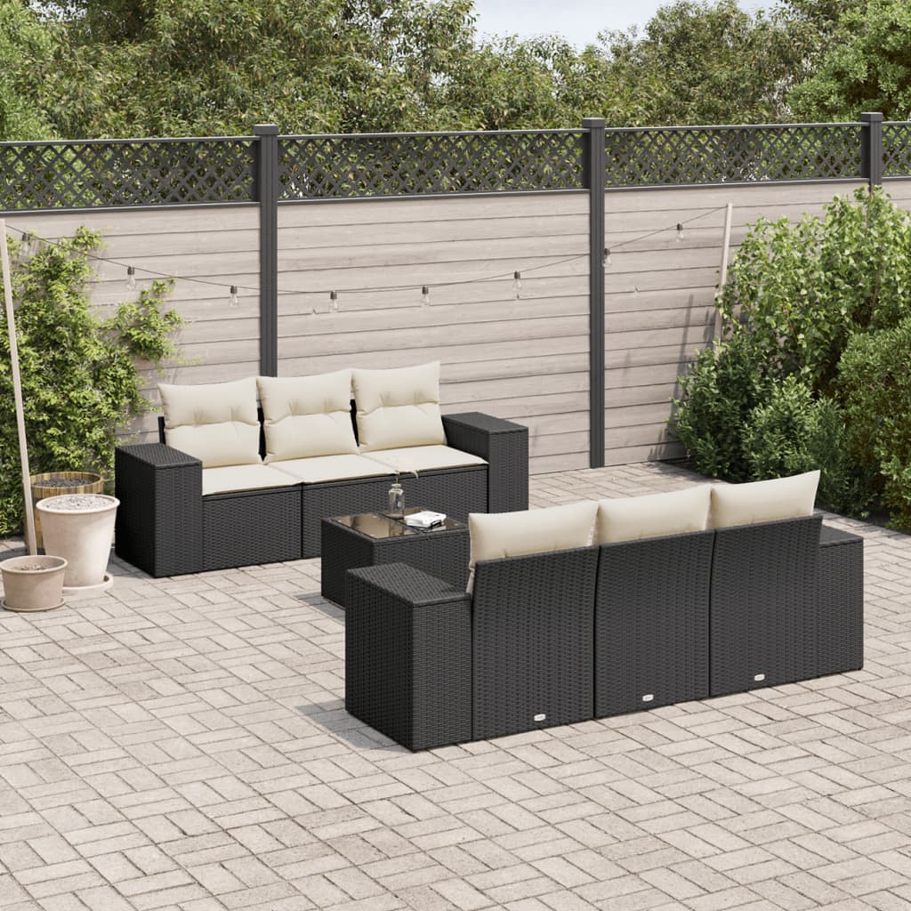 vidaXL 7-tlg. Garten-Sofagarnitur mit Kissen Schwarz Poly Rattan