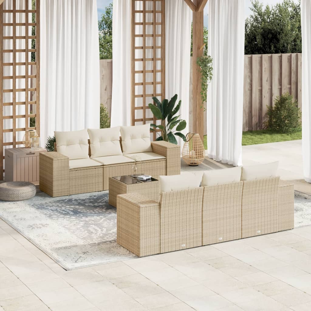 Set Divani da Giardino 7 pz con Cuscini Beige in Polyrattan