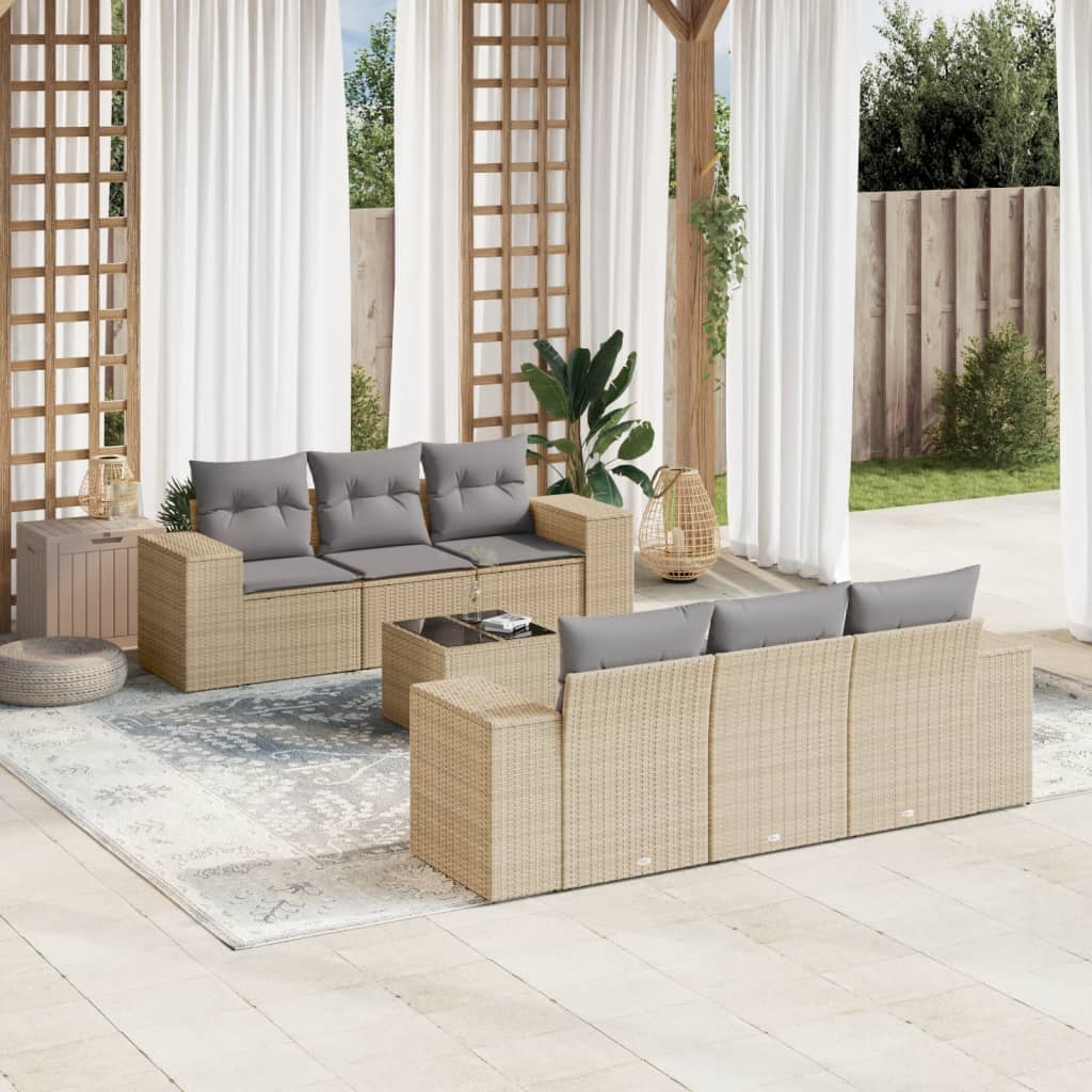 vidaXL 7-tlg. Garten-Sofagarnitur mit Kissen Beige Poly Rattan