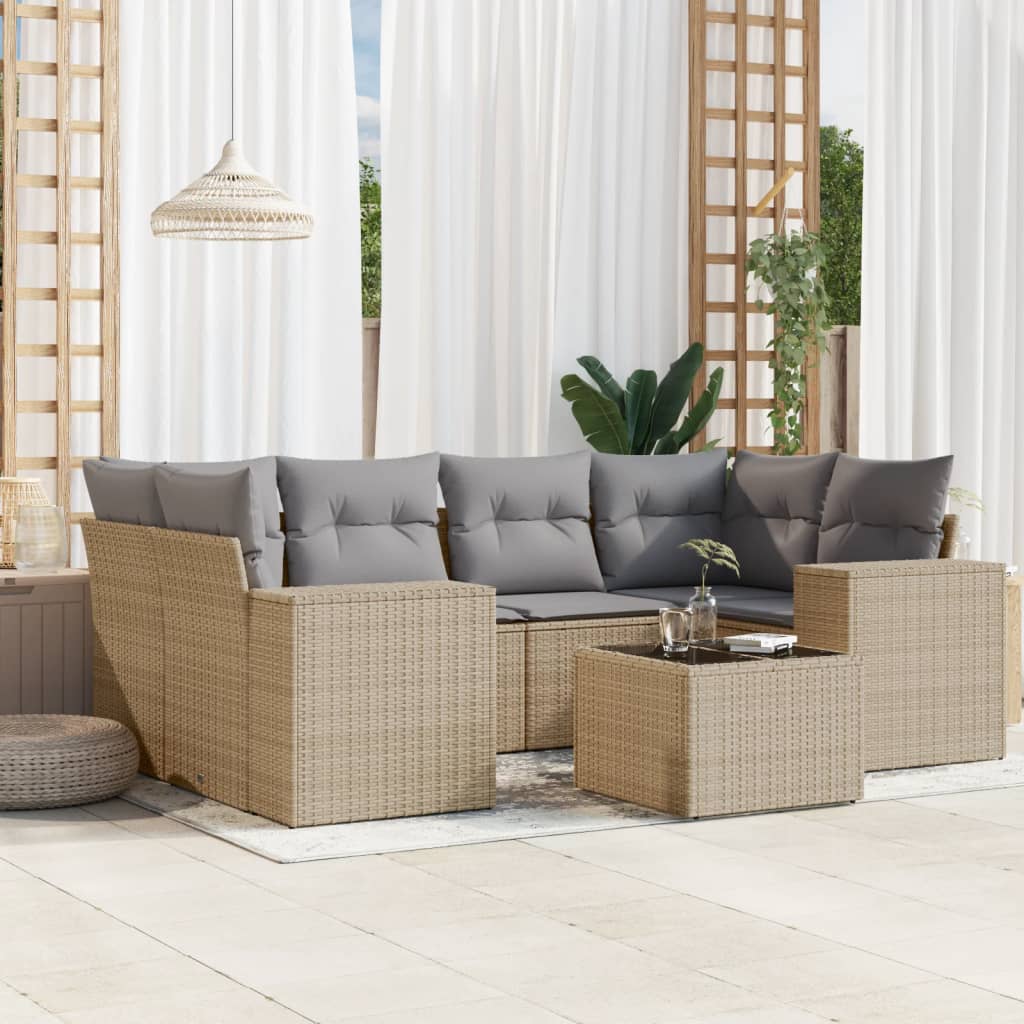 vidaXL 7-tlg. Garten-Sofagarnitur mit Kissen Beige Poly Rattan