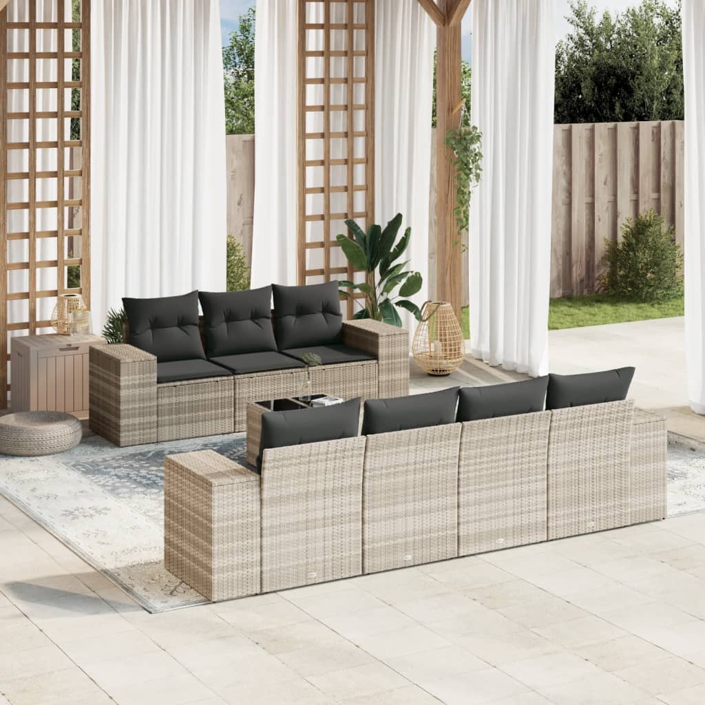 8-tlg. Garten-Sofagarnitur mit Kissen Hellgrau Poly Rattan