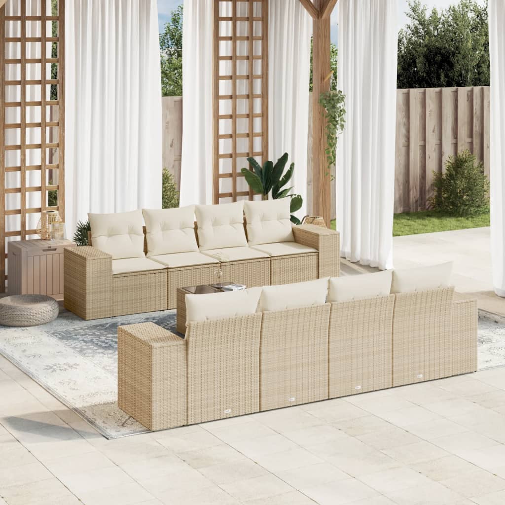 vidaXL 9-tlg. Garten-Sofagarnitur mit Kissen Beige Poly Rattan