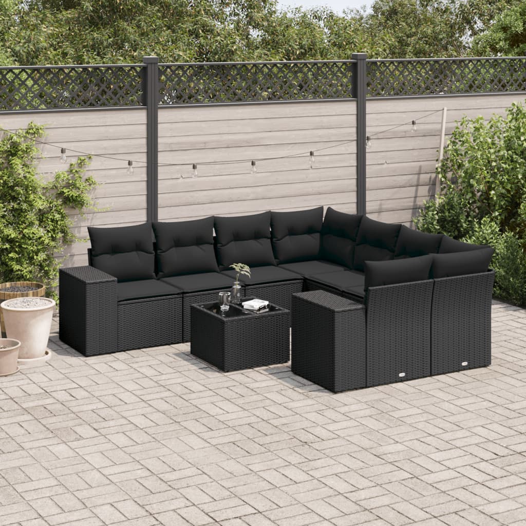 vidaXL 9 Piece Garden Sofa Set with Cushions Black Poly Rattan