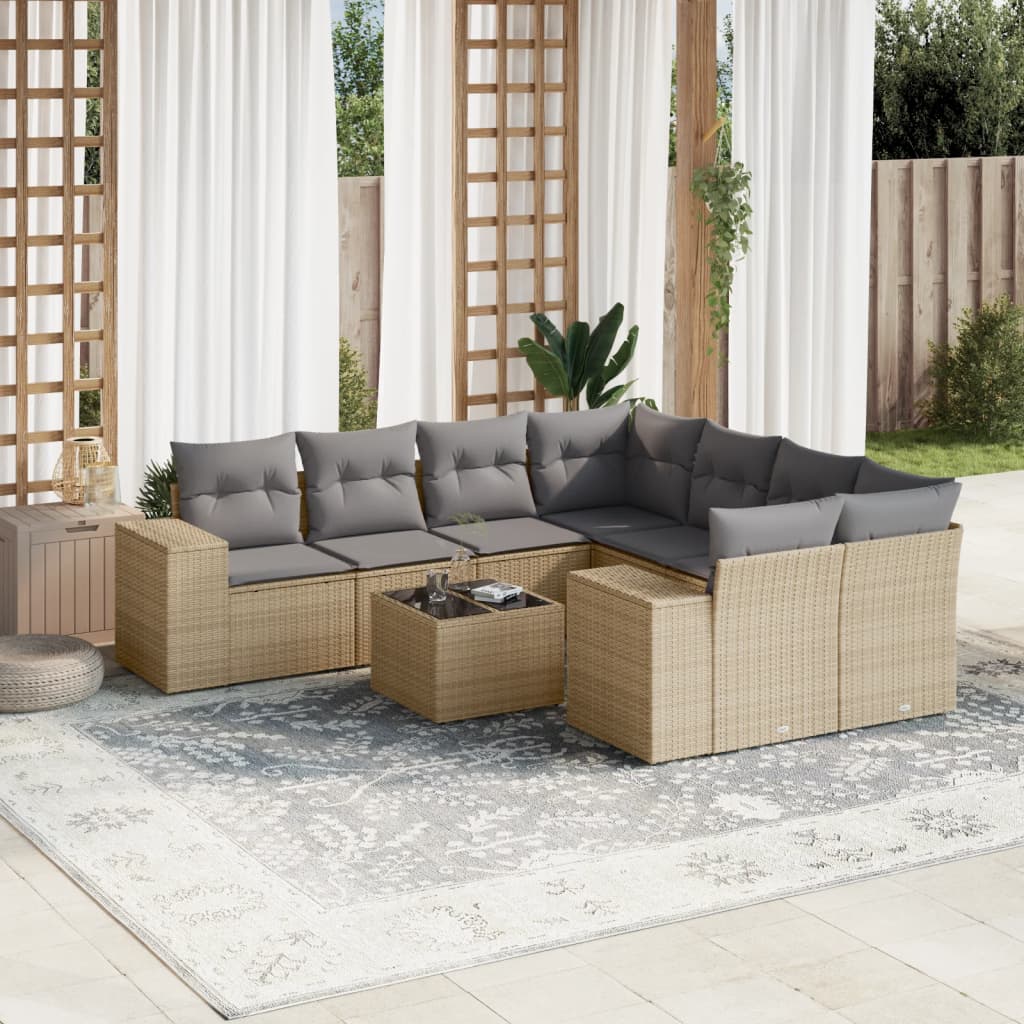 vidaXL 9-tlg. Garten-Sofagarnitur mit Kissen Beige Poly Rattan