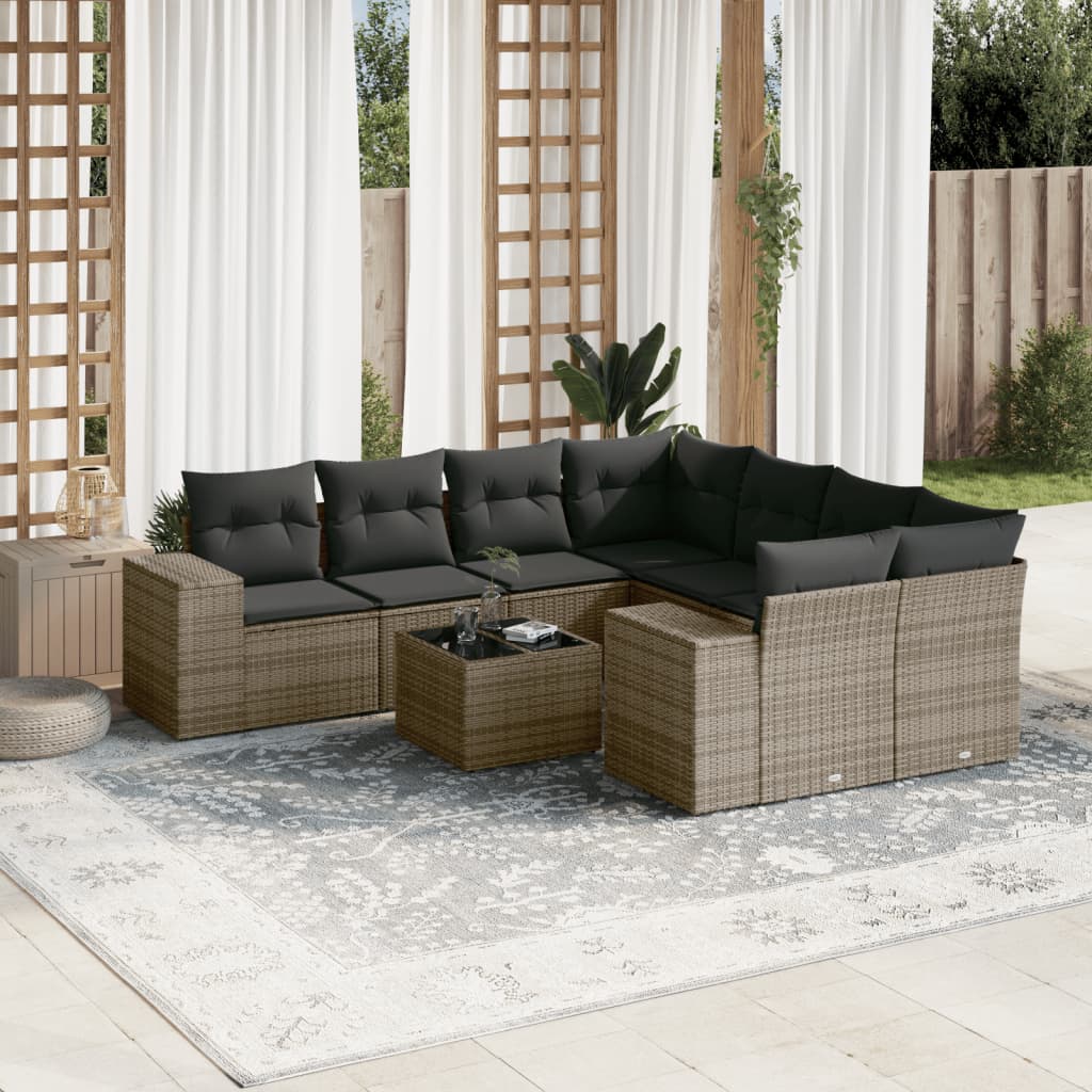 vidaXL 9-tlg. Garten-Sofagarnitur mit Kissen Grau Poly Rattan