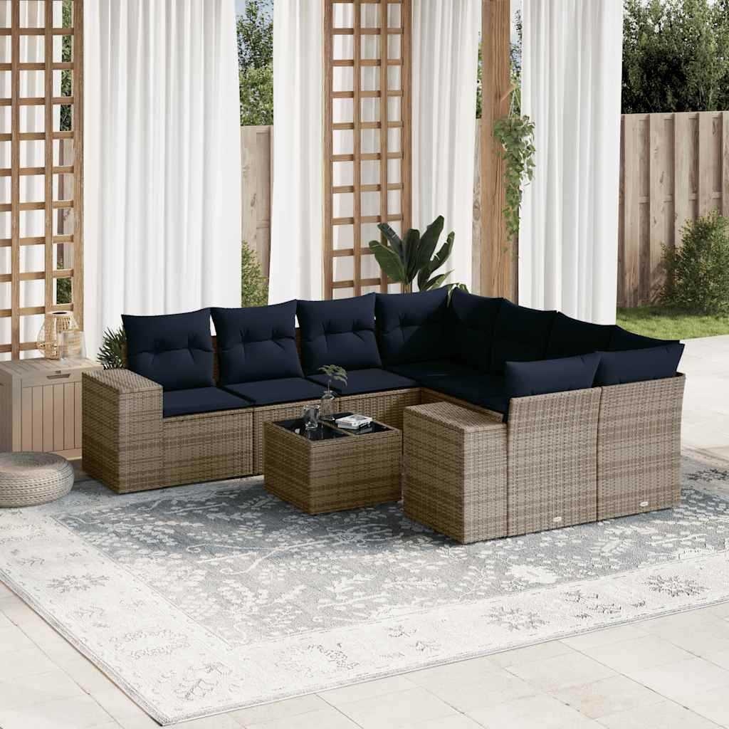 9 Piece Patio Sofa Set with Cushions Gray Poly Rattan