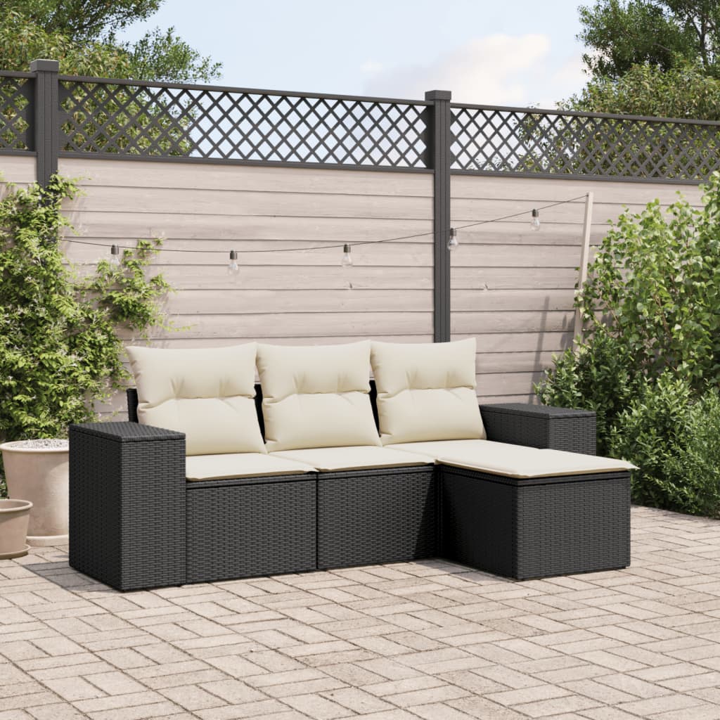 vidaXL 4-tlg. Garten-Sofagarnitur mit Kissen Schwarz Poly Rattan