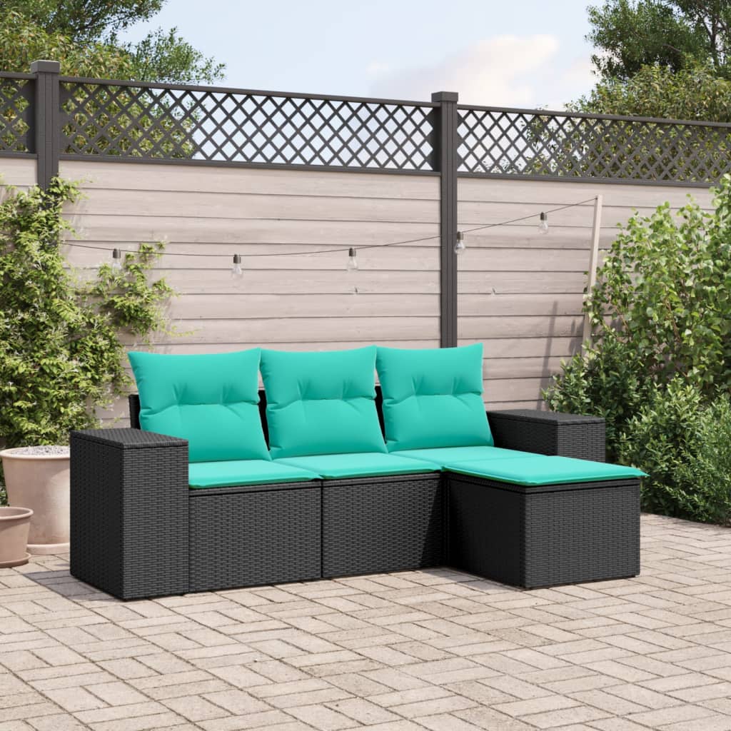 vidaXL 4-teiliges Gartensofa-Set mit Kissen, schwarzes Polyrattan