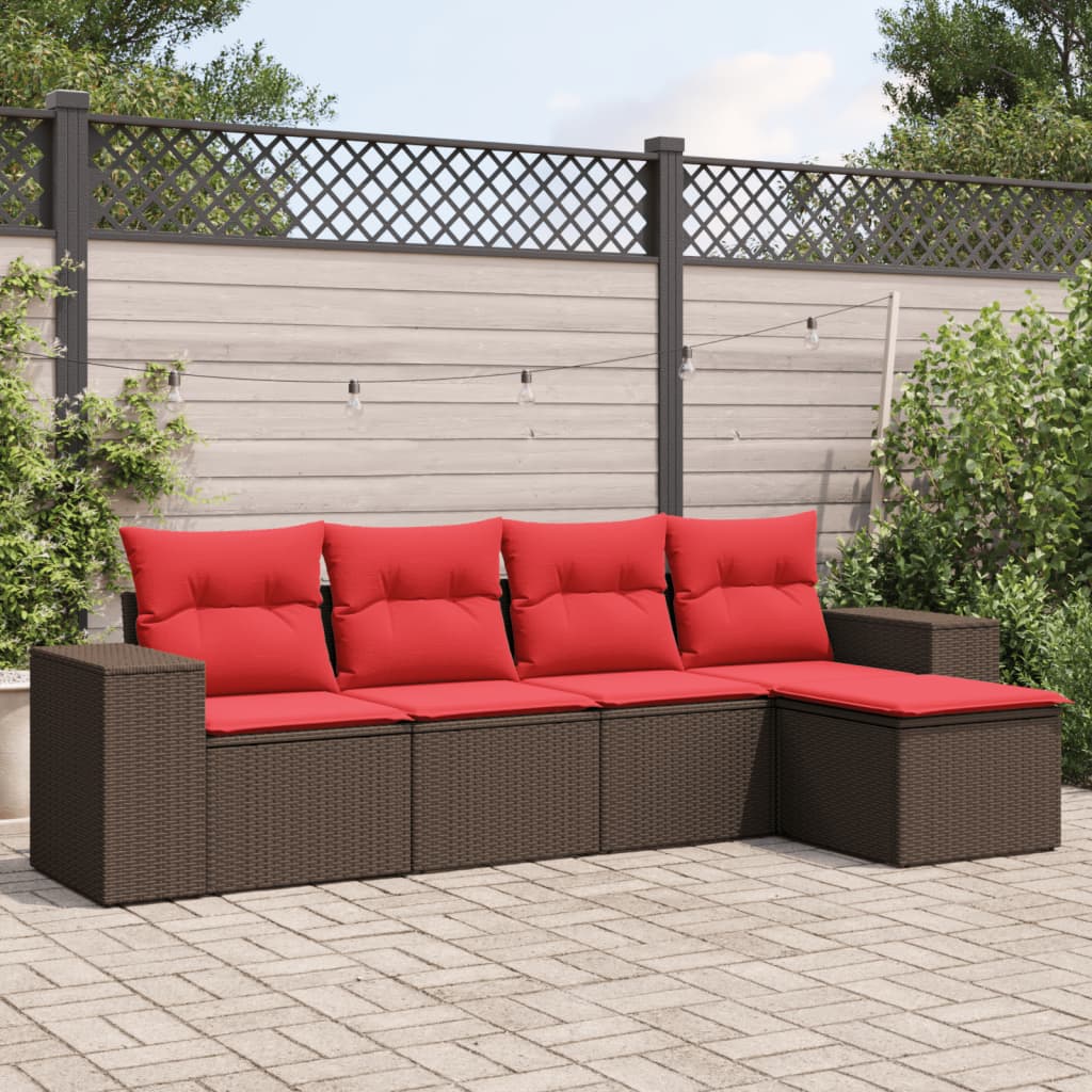 5 Piece Patio Sofa Set with Cushions Brown Poly Rattan