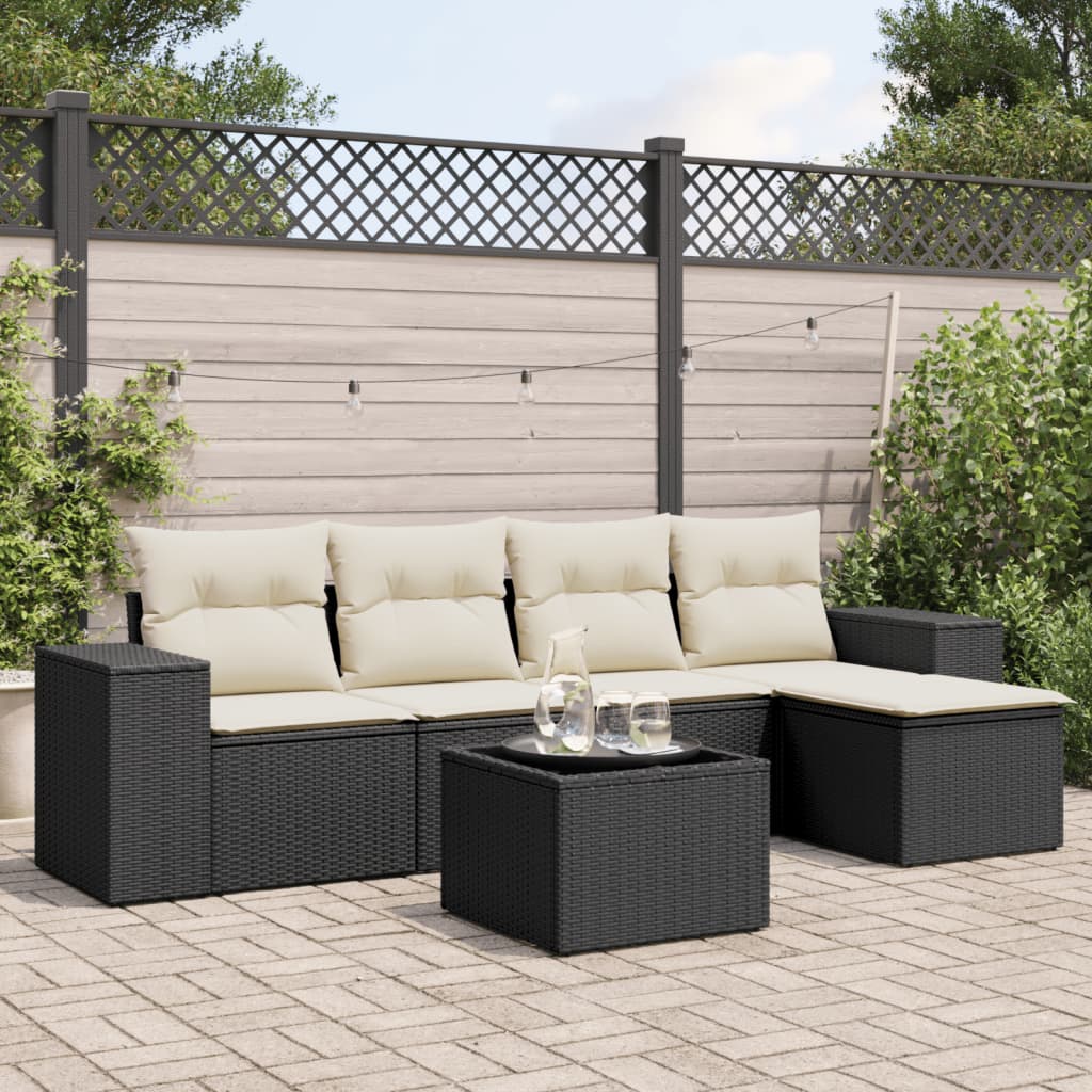 vidaXL 6-tlg. Garten-Sofagarnitur mit Kissen Schwarz Poly Rattan