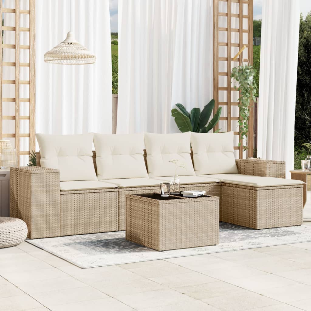 vidaXL 6-tlg. Garten-Sofagarnitur mit Kissen Beige Poly Rattan