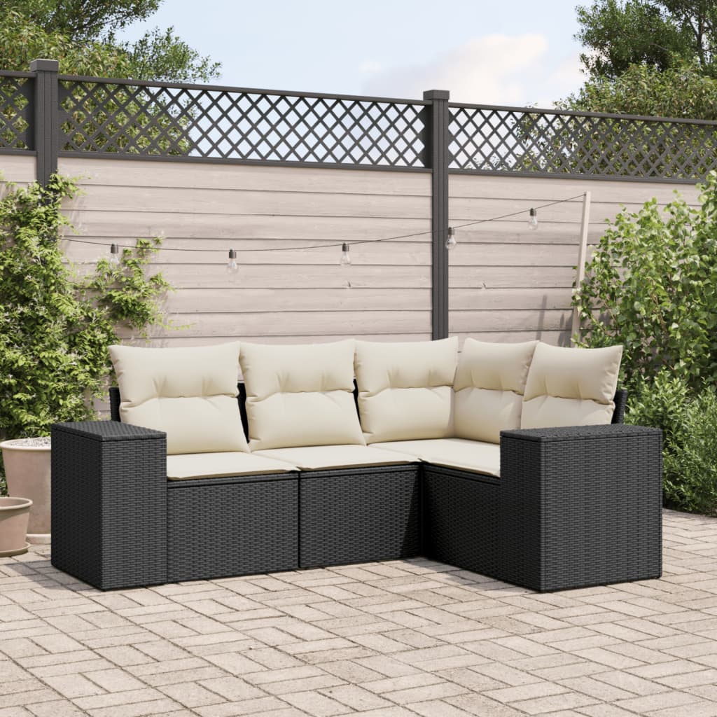 vidaXL 4-tlg. Garten-Sofagarnitur mit Kissen Schwarz Poly Rattan