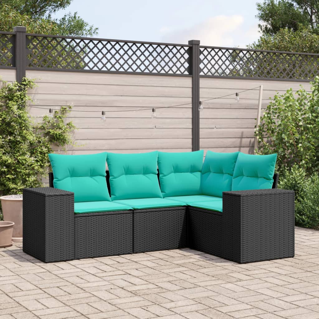 vidaXL 4-teiliges Gartensofa-Set mit Kissen, schwarzes Polyrattan