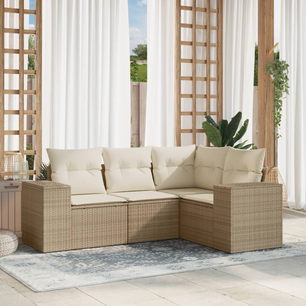 vidaXL 4-tlg. Garten-Sofagarnitur mit Kissen Beige Poly Rattan