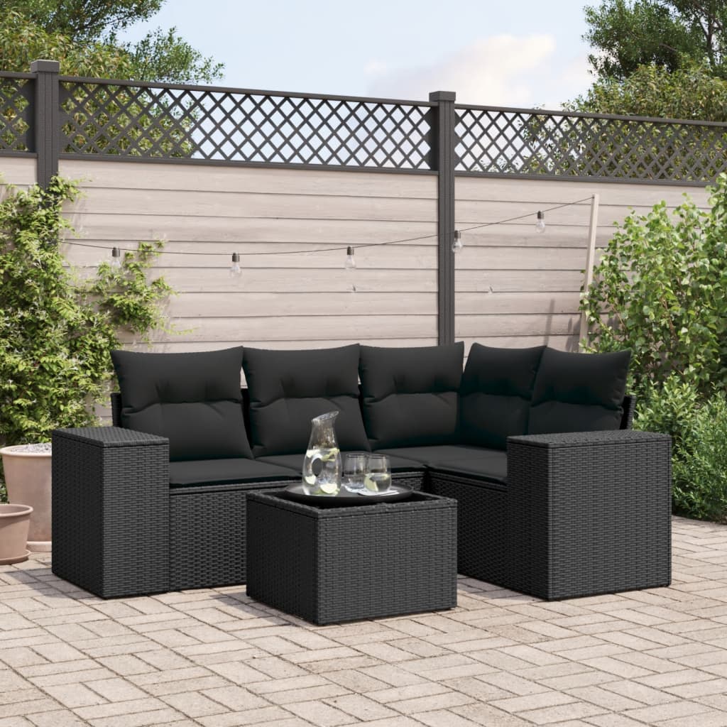 vidaXL 5-tlg. Garten-Sofagarnitur mit Kissen Schwarz Poly Rattan