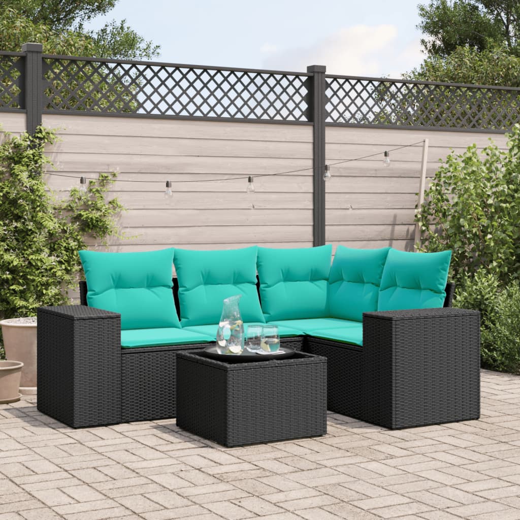 5 Piece Patio Sofa Set with Cushions Black Poly Rattan