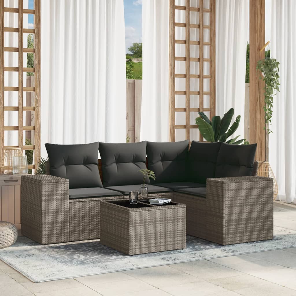 vidaXL 5 Piece Garden Sofa Set with Cushions Grey Poly Rattan