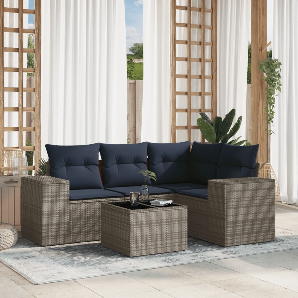 vidaXL 5-teiliges Gartensofa-Set mit Kissen, grau, Polyrattan