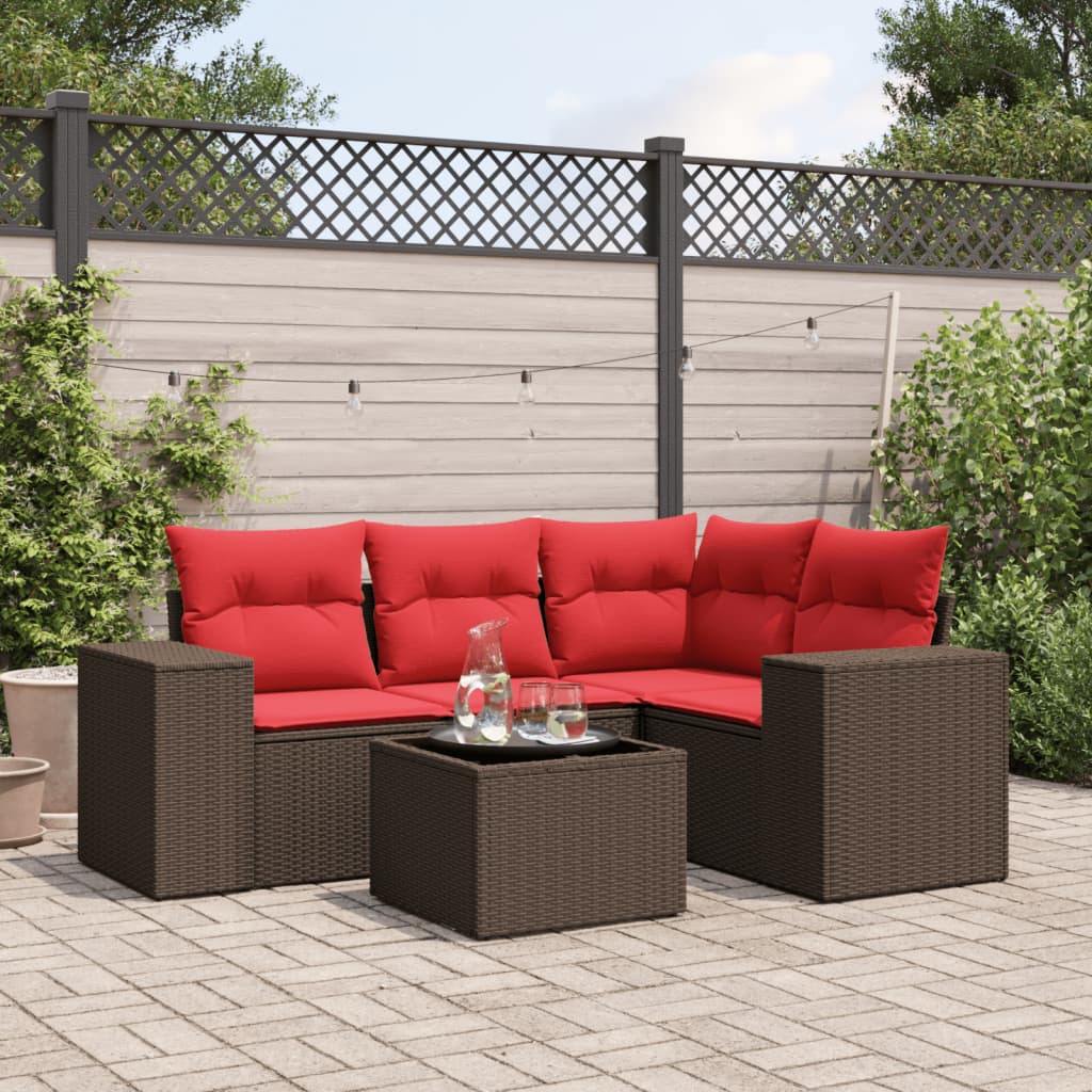 5 Piece Patio Sofa Set with Cushions Brown Poly Rattan