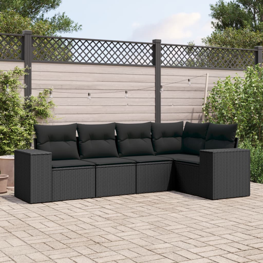 vidaXL 5 Piece Garden Sofa Set with Cushions Black Poly Rattan