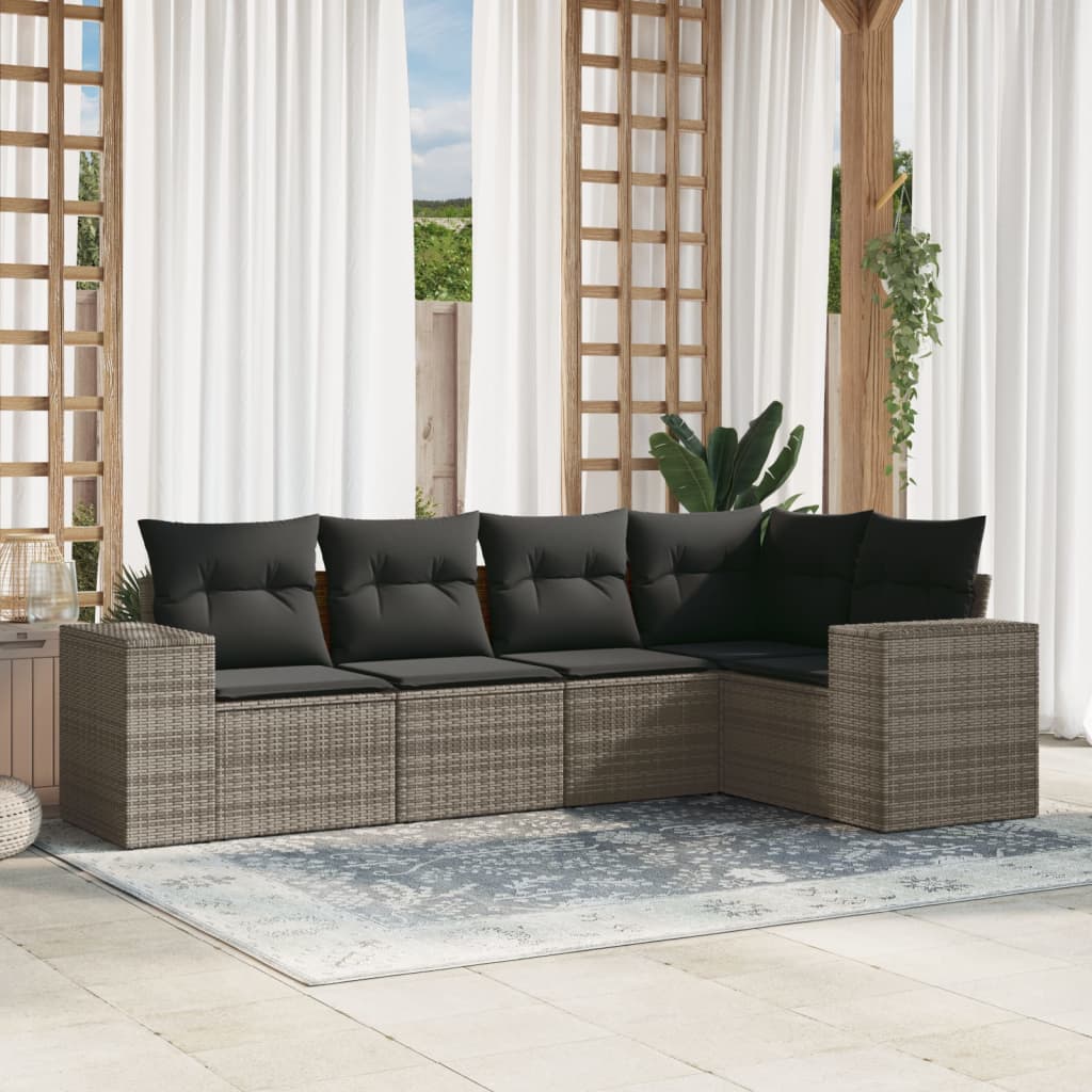 vidaXL 5-tlg. Garten-Sofagarnitur mit Kissen Grau Poly Rattan