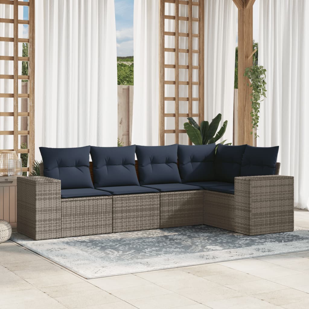 Havesofasæt i 5 dele med hynder - grå polyrattan og marineblå hynder