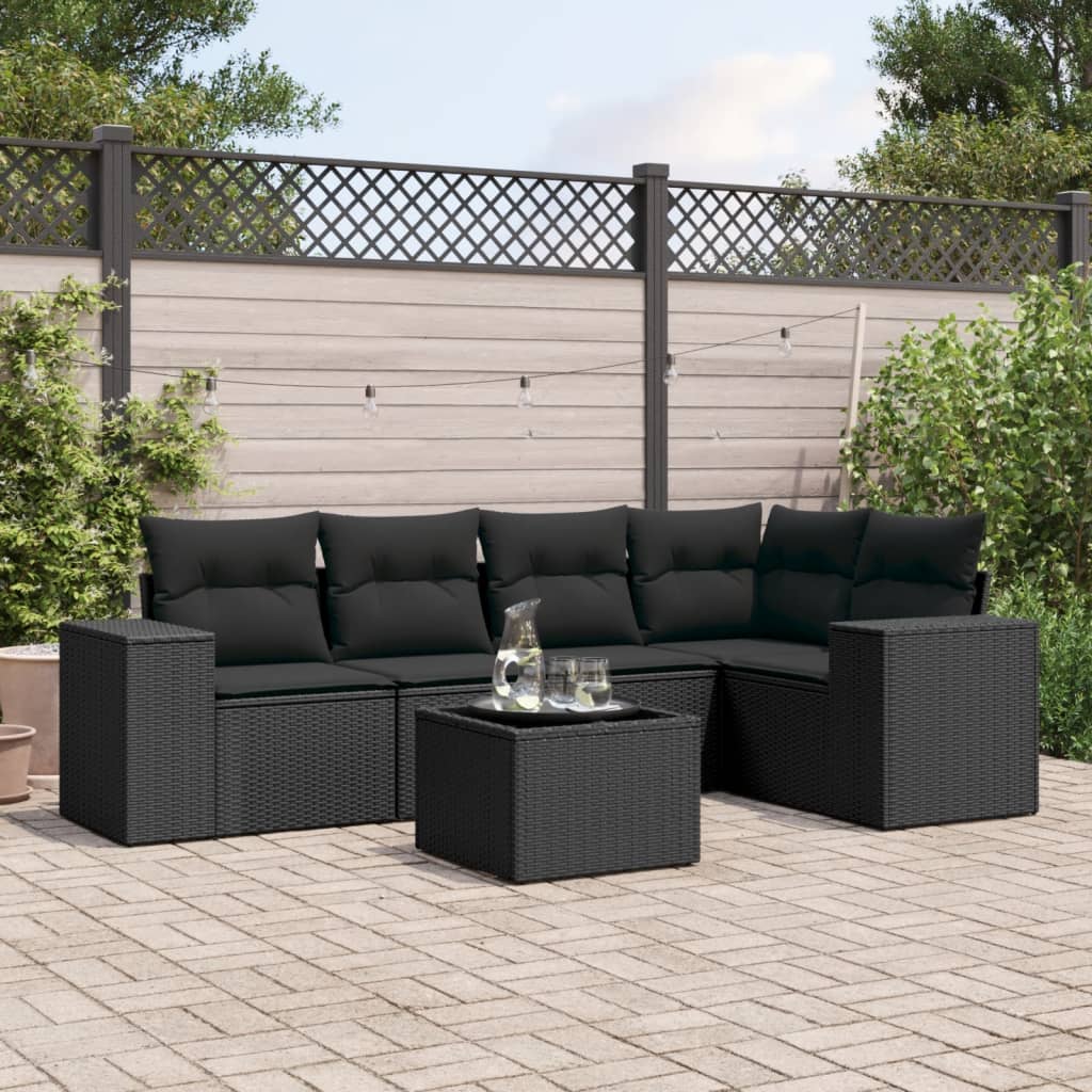 vidaXL 6-tlg. Garten-Sofagarnitur mit Kissen Schwarz Poly Rattan