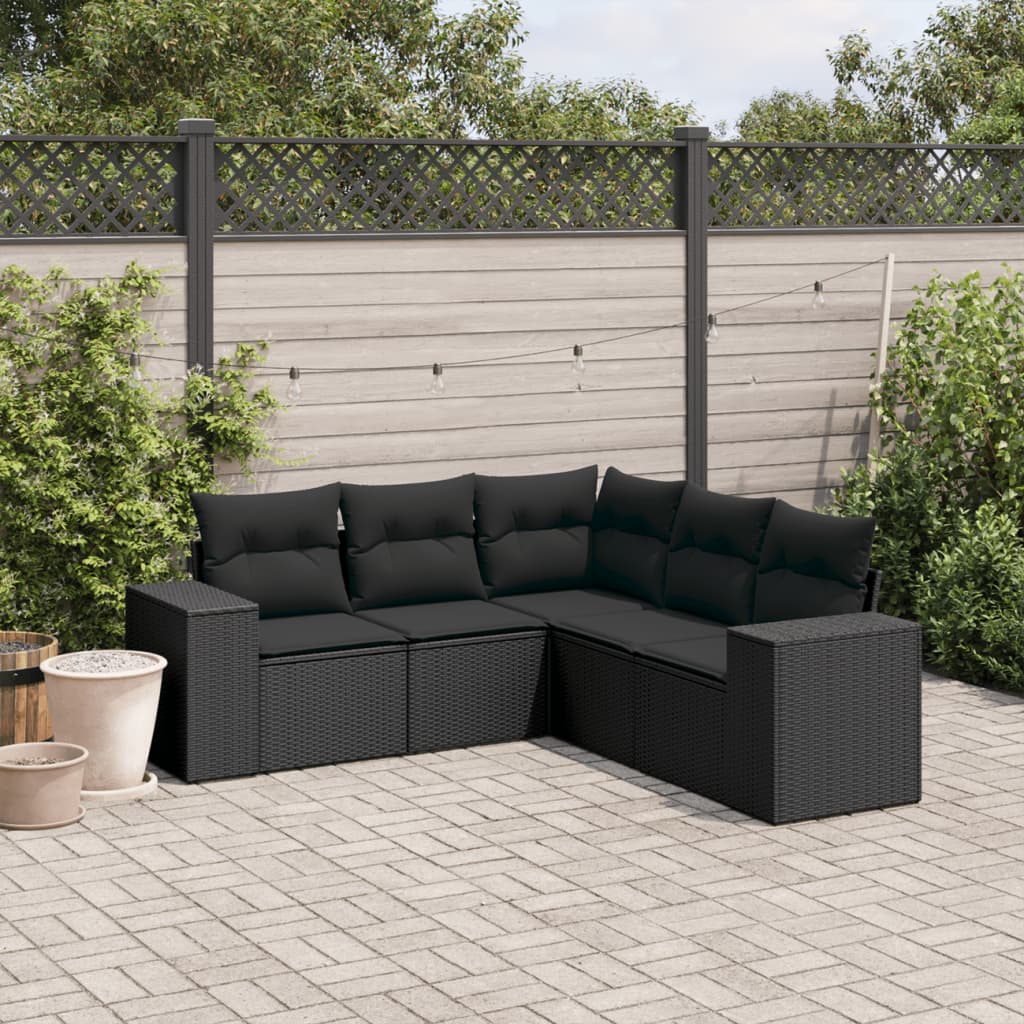 vidaXL 5-tlg. Garten-Sofagarnitur mit Kissen Schwarz Poly Rattan