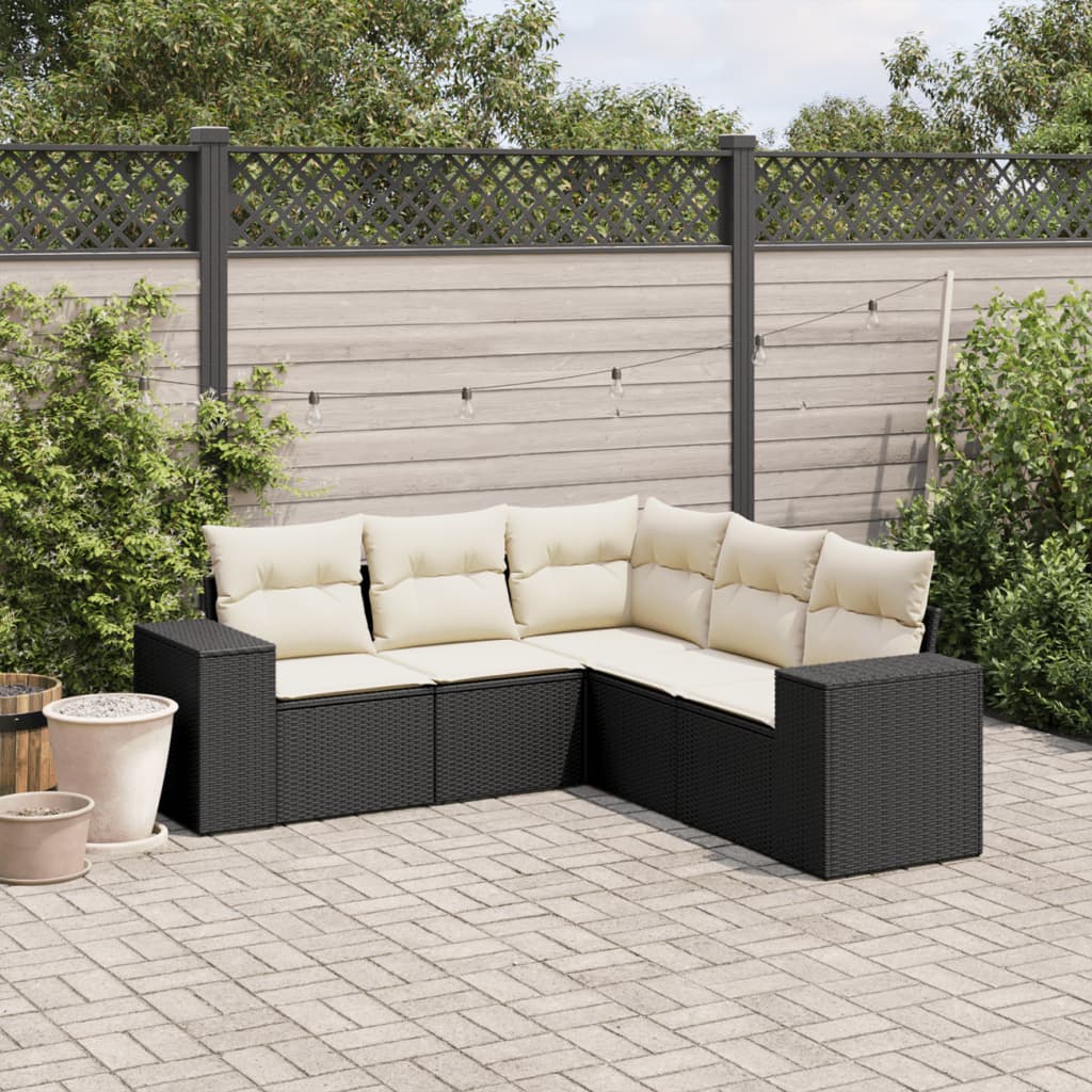 5-tlg. Garten-Sofagarnitur mit Kissen Schwarz Poly Rattan