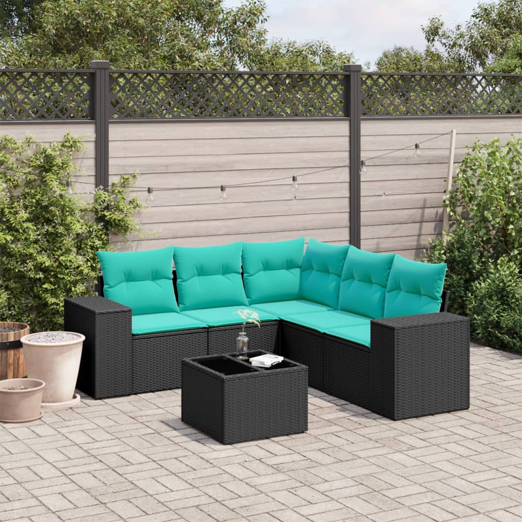 vidaXL 6-teiliges Gartensofa-Set mit Kissen, schwarzes Polyrattan