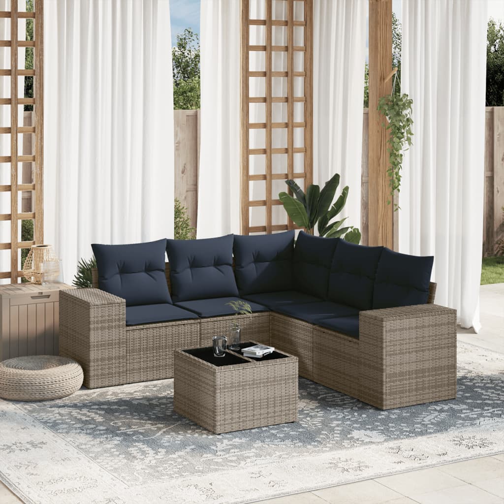 6 Piece Patio Sofa Set with Cushions Gray Poly Rattan