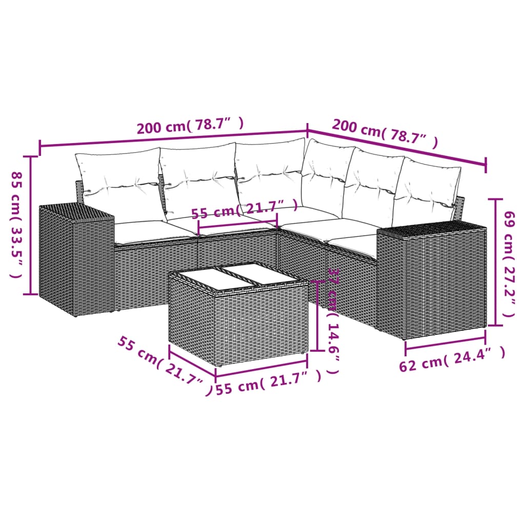 vidaXL 6-delige Loungeset met kussens poly rattan lichtgrijs afbeelding