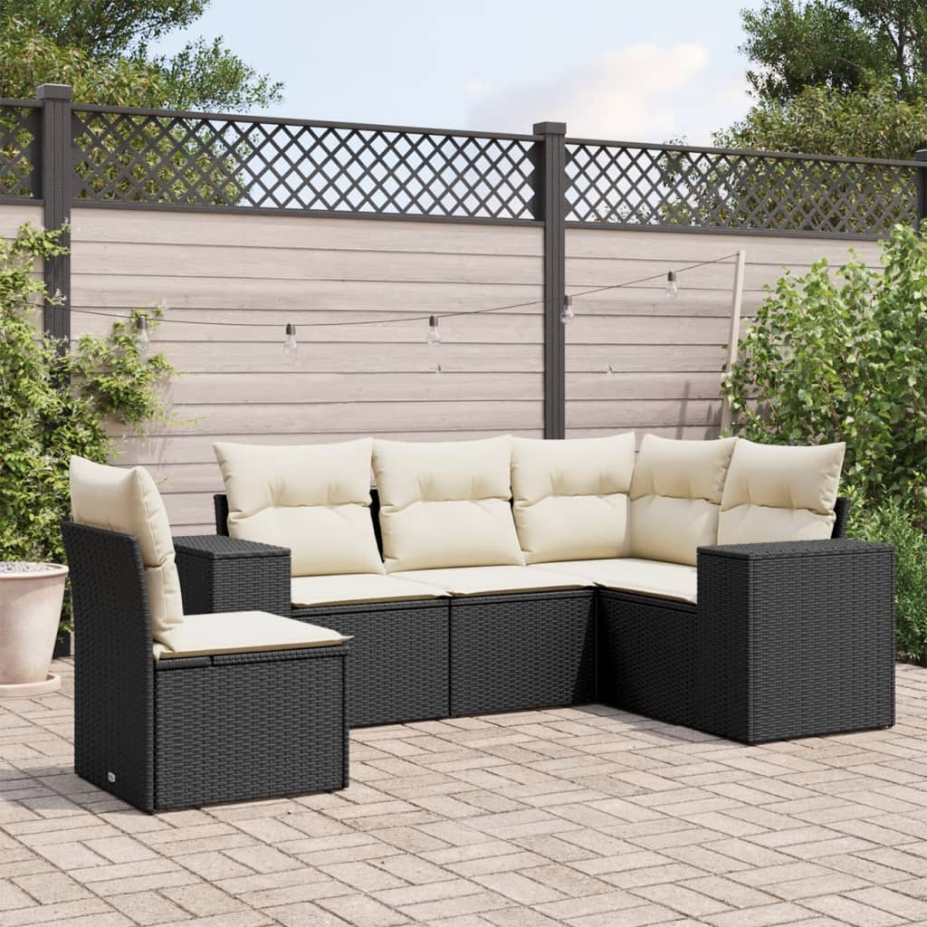 5-tlg. Garten-Sofagarnitur mit Kissen Schwarz Poly Rattan