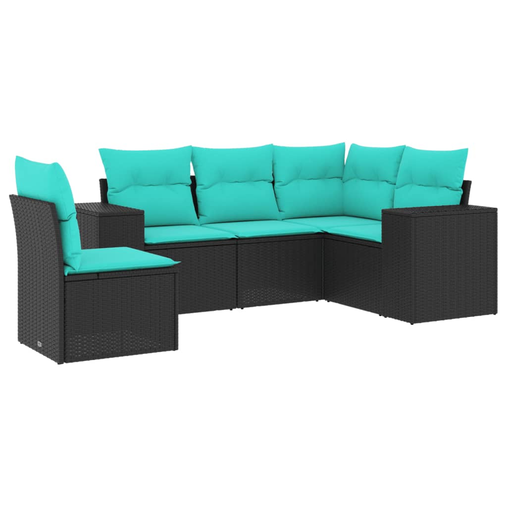 vidaXL 5 Piece Patio Sofa Set with Cushions Black Poly Rattan