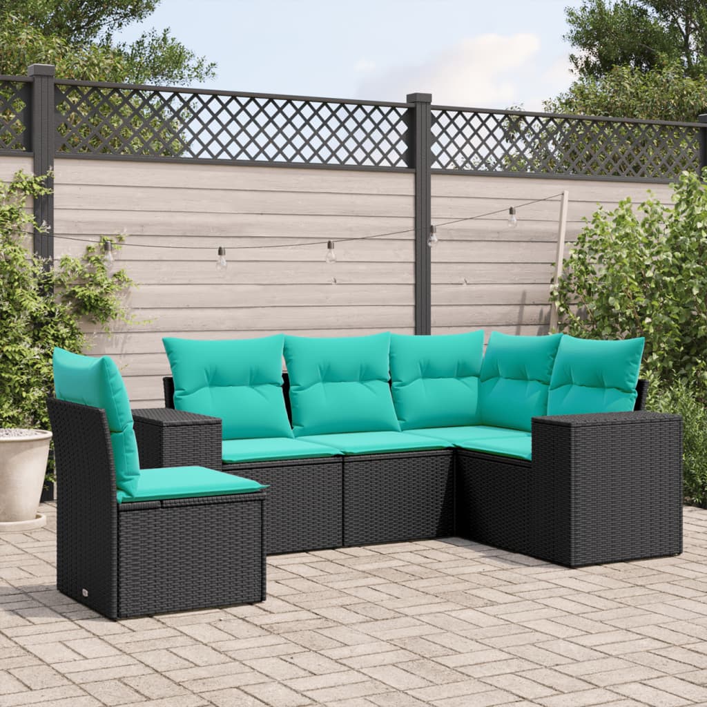 Thumbnail - vidaXL 5-teiliges Gartensofa-Set mit Kissen, schwarzes Polyrattan