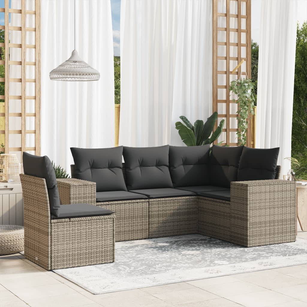 vidaXL 5-tlg. Garten-Sofagarnitur mit Kissen Grau Poly Rattan