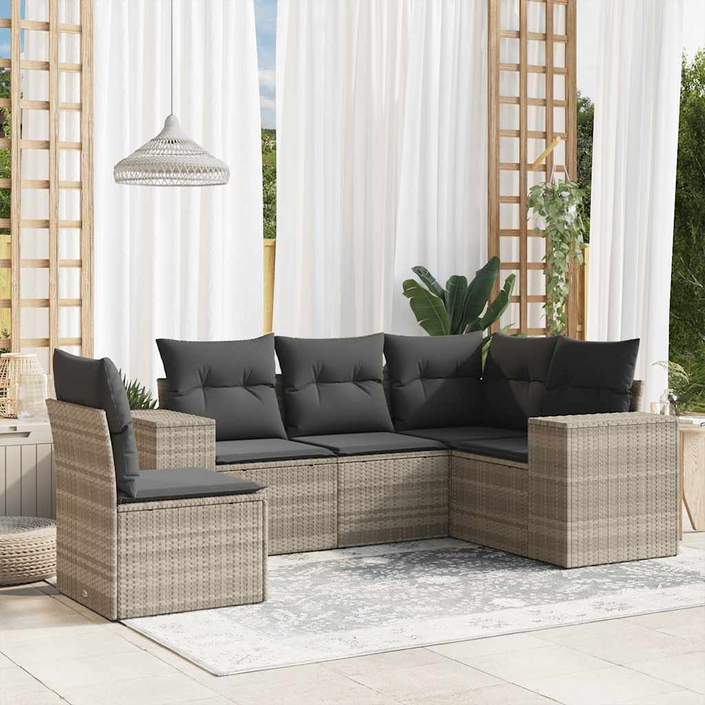 vidaXL 5-tlg. Garten-Sofagarnitur mit Kissen Hellgrau Poly Rattan