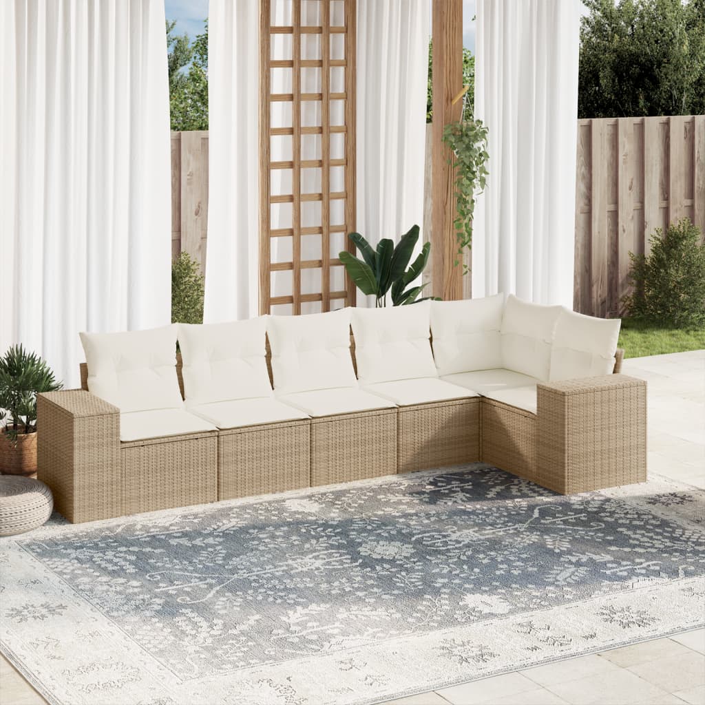 6-tlg. Garten-Sofagarnitur mit Kissen Beige Poly Rattan