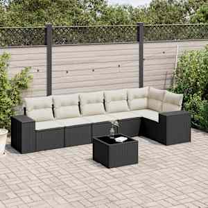 Vrtna sedežna garnitura 7-delna z blazinami črn poli ratan