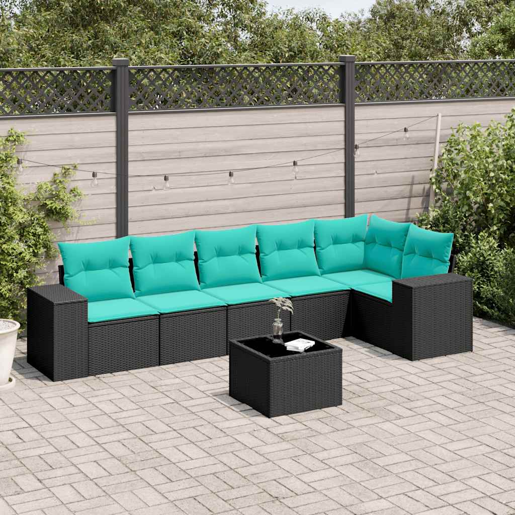 vidaXL 7-teiliges Gartensofa-Set mit Kissen, schwarzes Polyrattan
