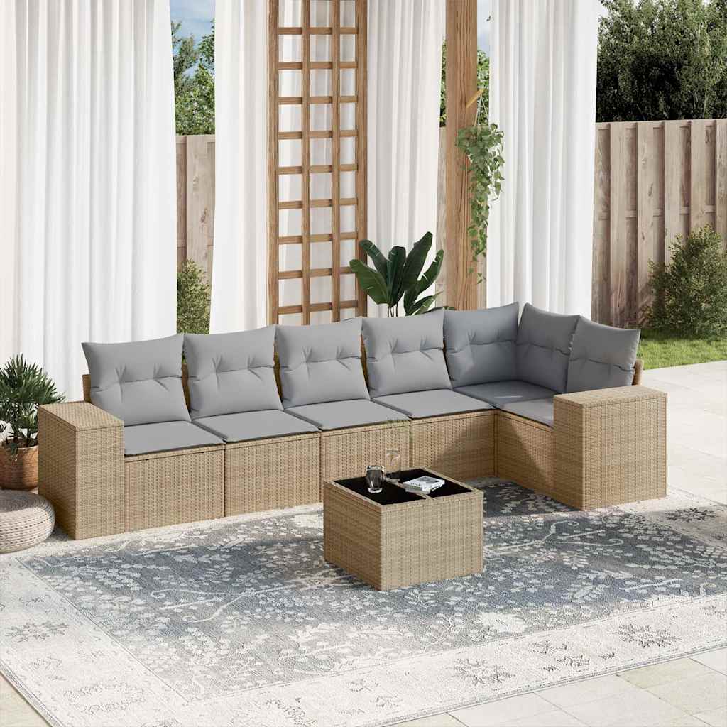 vidaXL 7-tlg. Garten-Sofagarnitur mit Kissen Beige Poly Rattan