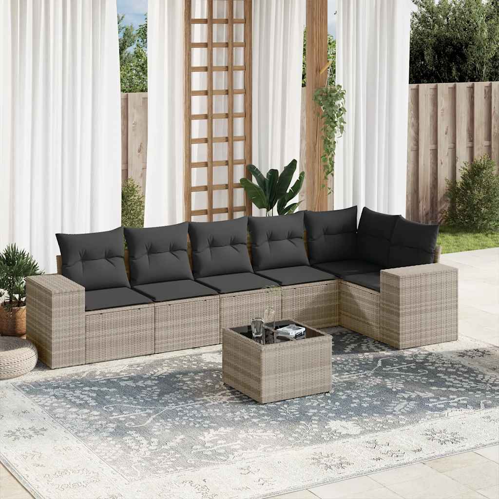 vidaXL 7-tlg. Garten-Sofagarnitur mit Kissen Hellgrau Poly Rattan